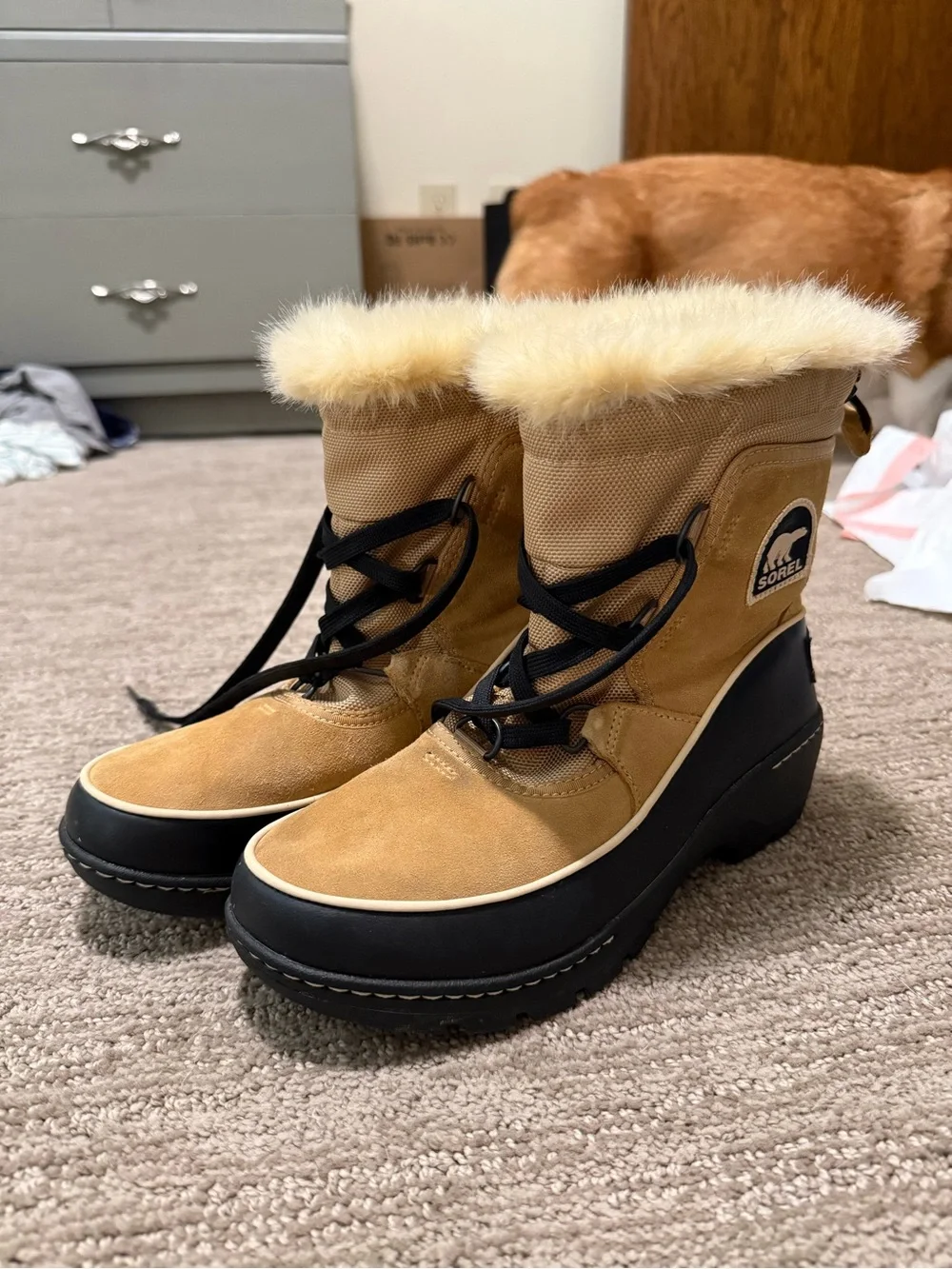 Sorel Tan Faux-Fur Lace-Up Waterproof Winter Boots